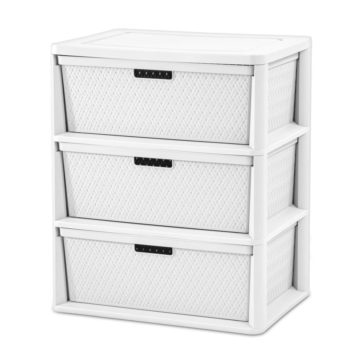 UYAUDSHFC Wide 3 Drawer Decorative Storage Tower, Removable Plastic Bins, Integrated Carry Handles, Decorative Weave Design, Too
