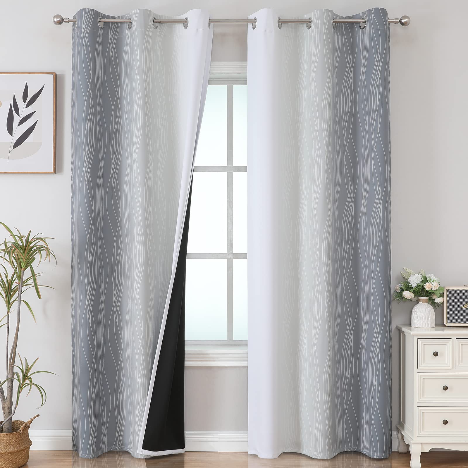 Estelar Textiler Full Room Darkening Greyish White And Grey Blackout Curtains 84 Inch Length 2 Panels Set, Ombre Thermal Insulat