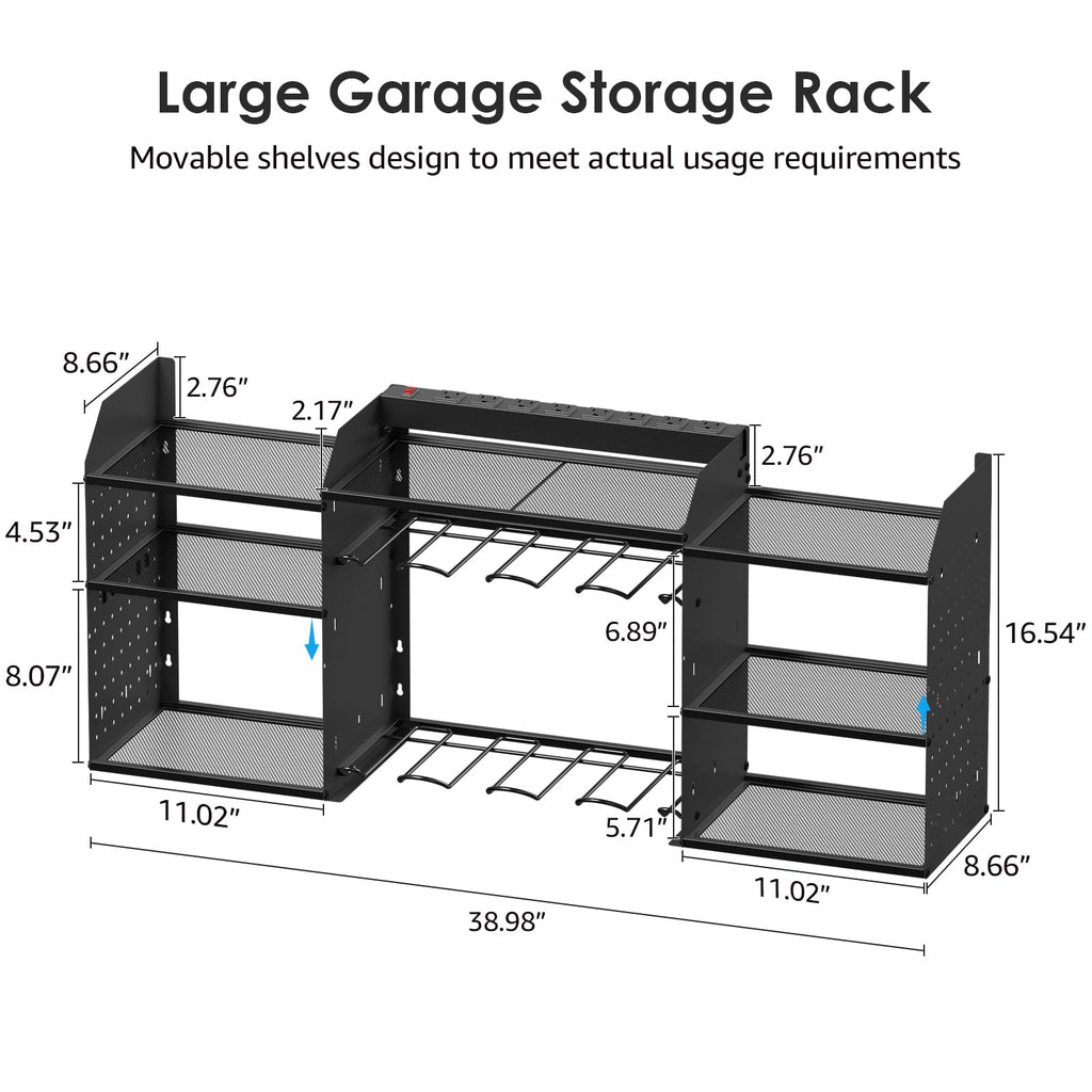 Cccei Black Large Tools Organizer Wall Mount Charging Station, 39 Inch Long Power Tool Battery Storage Rack With 6Ft Power Strip. 8 Drill Holder, Garage Utility Shelves. Pegboard Hanging Extension.