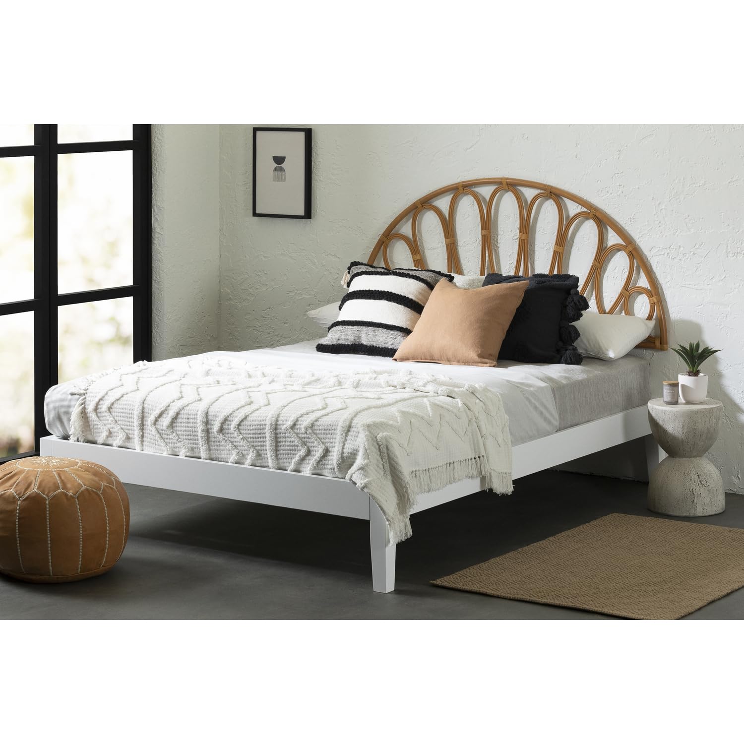 South Shore Hoya Queen Wooden Bed & Rattan Wall-Mounted Headboard Set, White & Natural - Stylish Floral Design for Modern Bedrooms