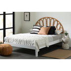South Shore Hoya Queen Wooden Bed & Rattan Wall-Mounted Headboard Set, White & Natural - Stylish Floral Design for Modern Bedrooms