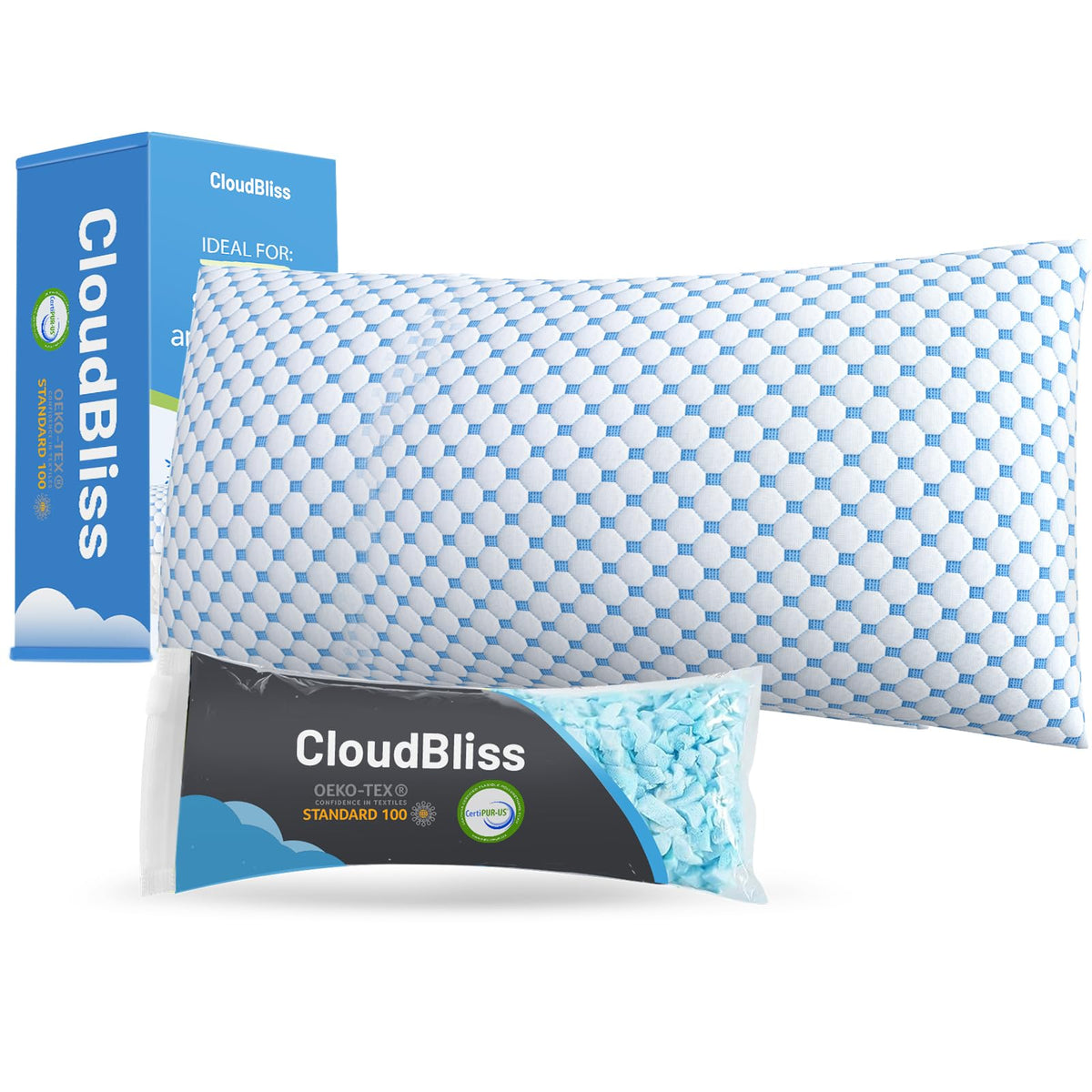 Cloudbliss Cooling Bed Pillows For Sleeping, Shredded Memory Foam Pillows With Washable & Breathable Pillowcase, Adjustable Heig