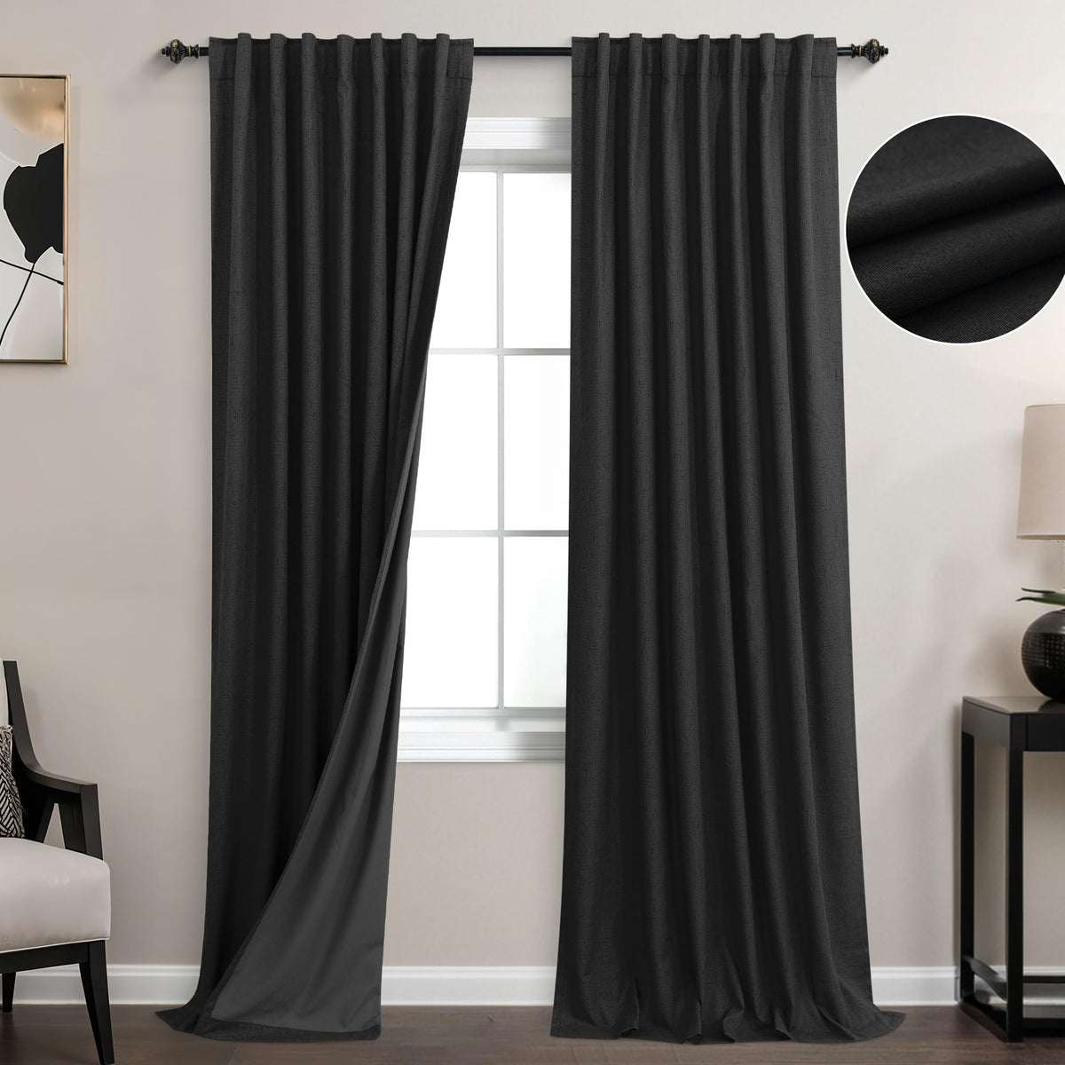 Koufall Black Back Tab Linen Blackout Curtains For Living Room 52 By 96 Inch Length