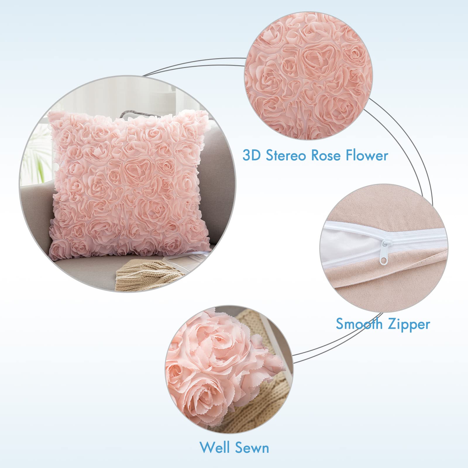 Miulee 3D Decorative Romantic Stereo Chiffon Rose Flower Pillow Cover Solid Square Pillowcase For Sofa Bedroom 16X16 Inch 40X40 Cm Peach Pink Wedding Valentines Day