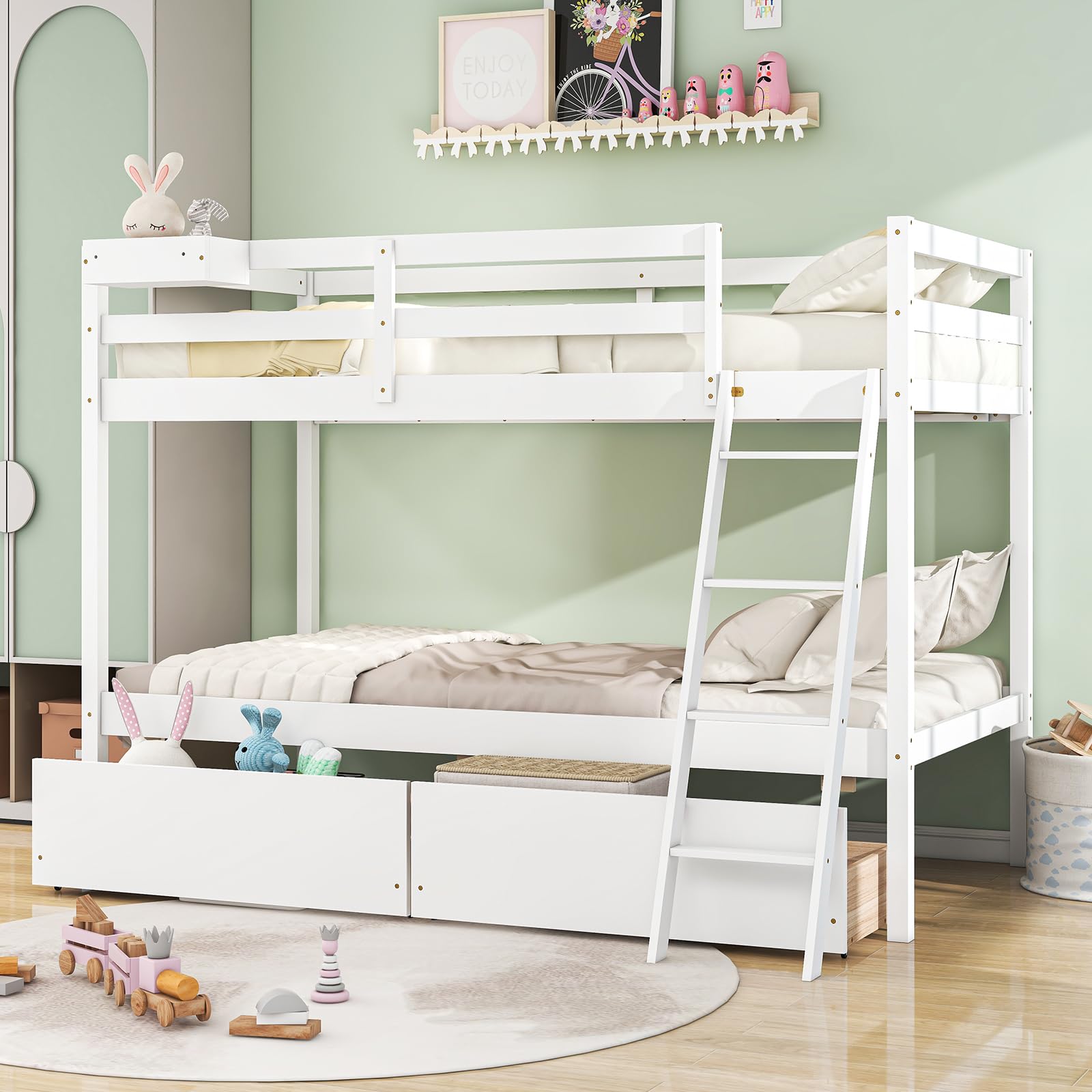 Komfott Twin Over Twin Bunk Bed With 2 Roll-Out Drawers, Wood Bunk Bed Frame With Removable Storage Box, Bunk Bed With Ladder & Safety Guardrail For Dorm Apartment Home, No Box Spring Needed (White)