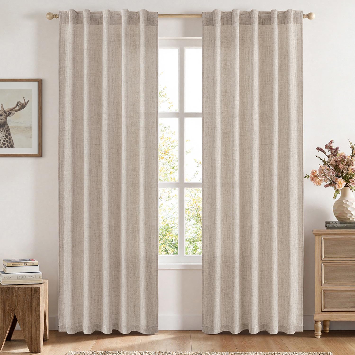 MIULEE Faux Linen Curtains 90 Inch Length 2 Panels Natural Semi Sheer Curtain with Back Tab Rod Pocket, Light Filtering Window P