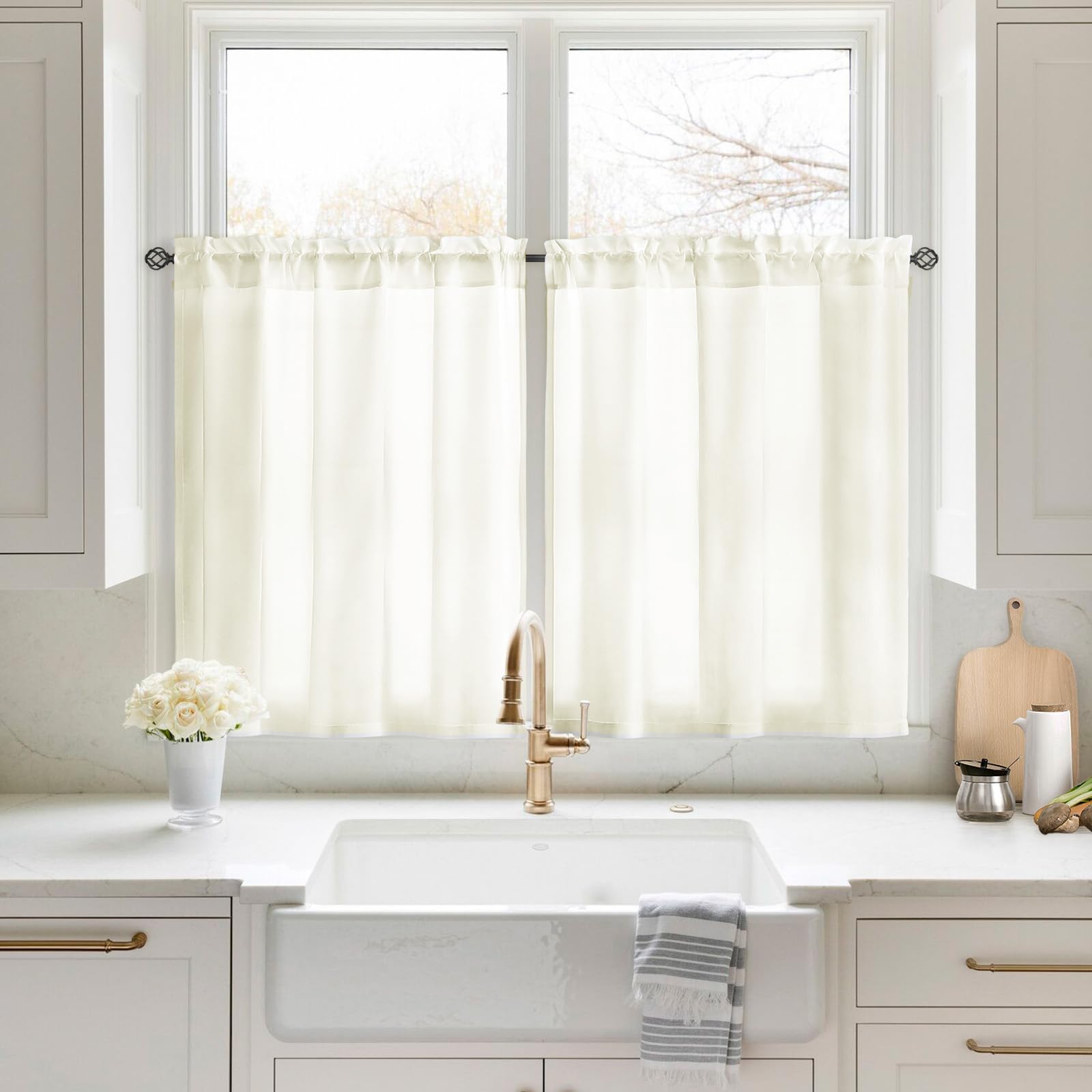 Homeideas Non-See-Through Cream Yellow Privacy Sheer Kitchen Curtains 30 X 36 Inches Long 2 Panels Short Sheer Curtains Light Filtering Bathroom Window Curtains Drapes For Bedroom Living Room