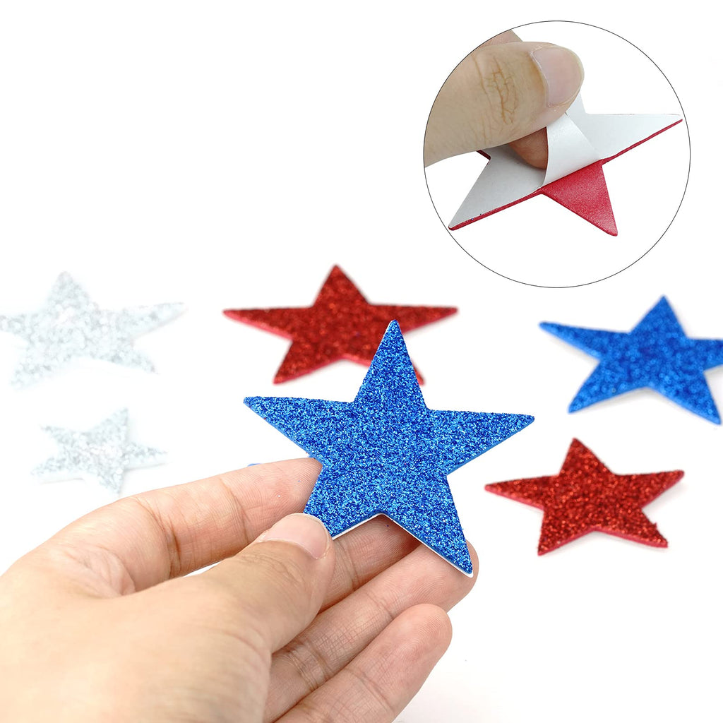 Tongcloud 150Pcs Patriotic Glitter Star Foam Glitter Star Foam Sticker July 4Th Patriotic Star Stickers Self-Adhesive Independen