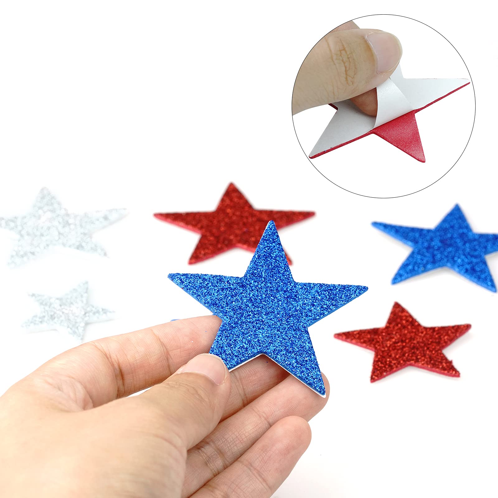 Tongcloud 150Pcs Patriotic Glitter Star Foam Glitter Star Foam Sticker July 4Th Patriotic Star Stickers Self-Adhesive Independen