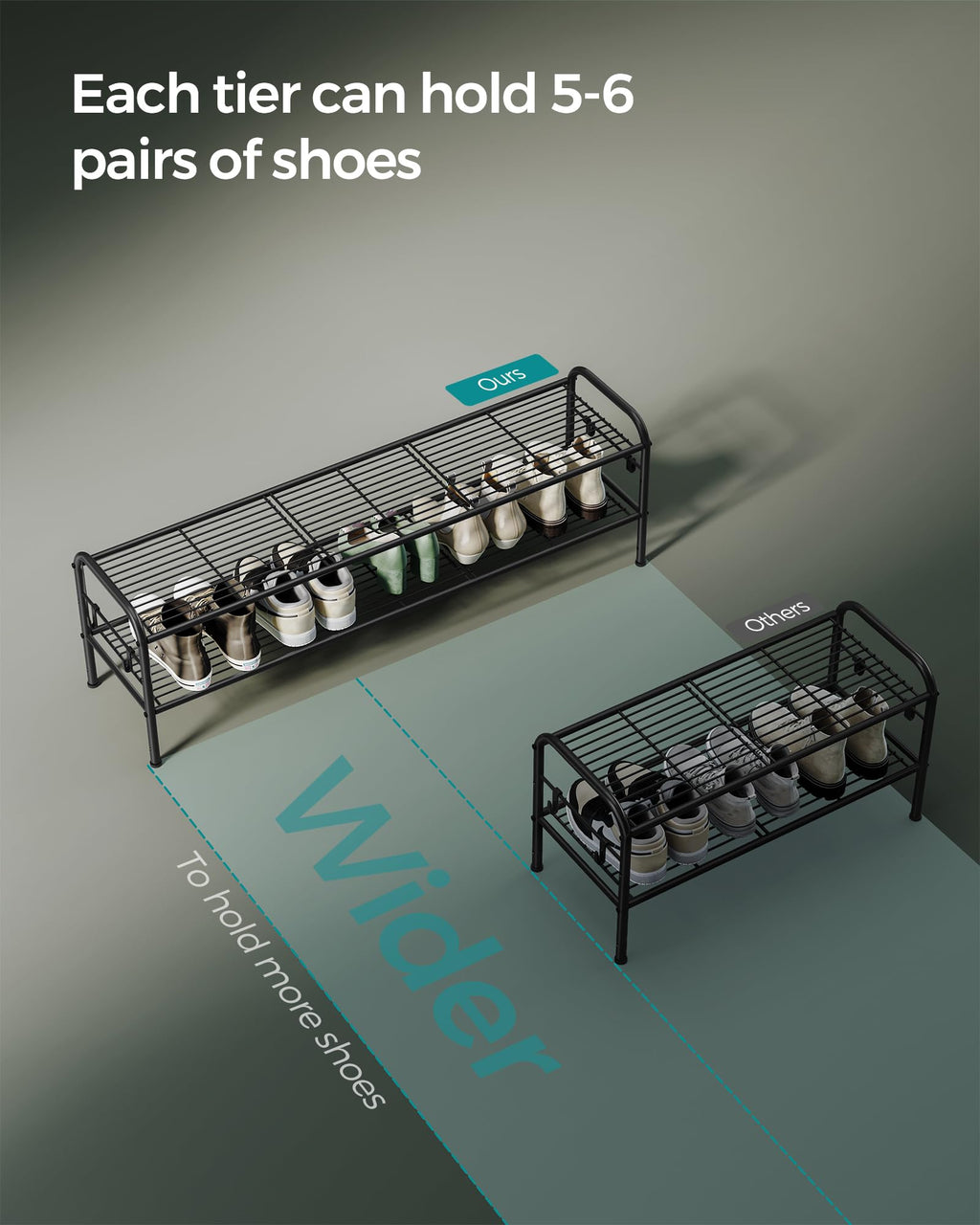 Songmics Shoe Rack, 2-Tier Shoe Organizer, Metal Shoe Shelf Storage With 4 Side Hooks, Holds 12 Pairs Of Shoes, Height-Adjustable Shoe Rack For Entryway, Hallway, Closet, Easy Assembly, Ink Black