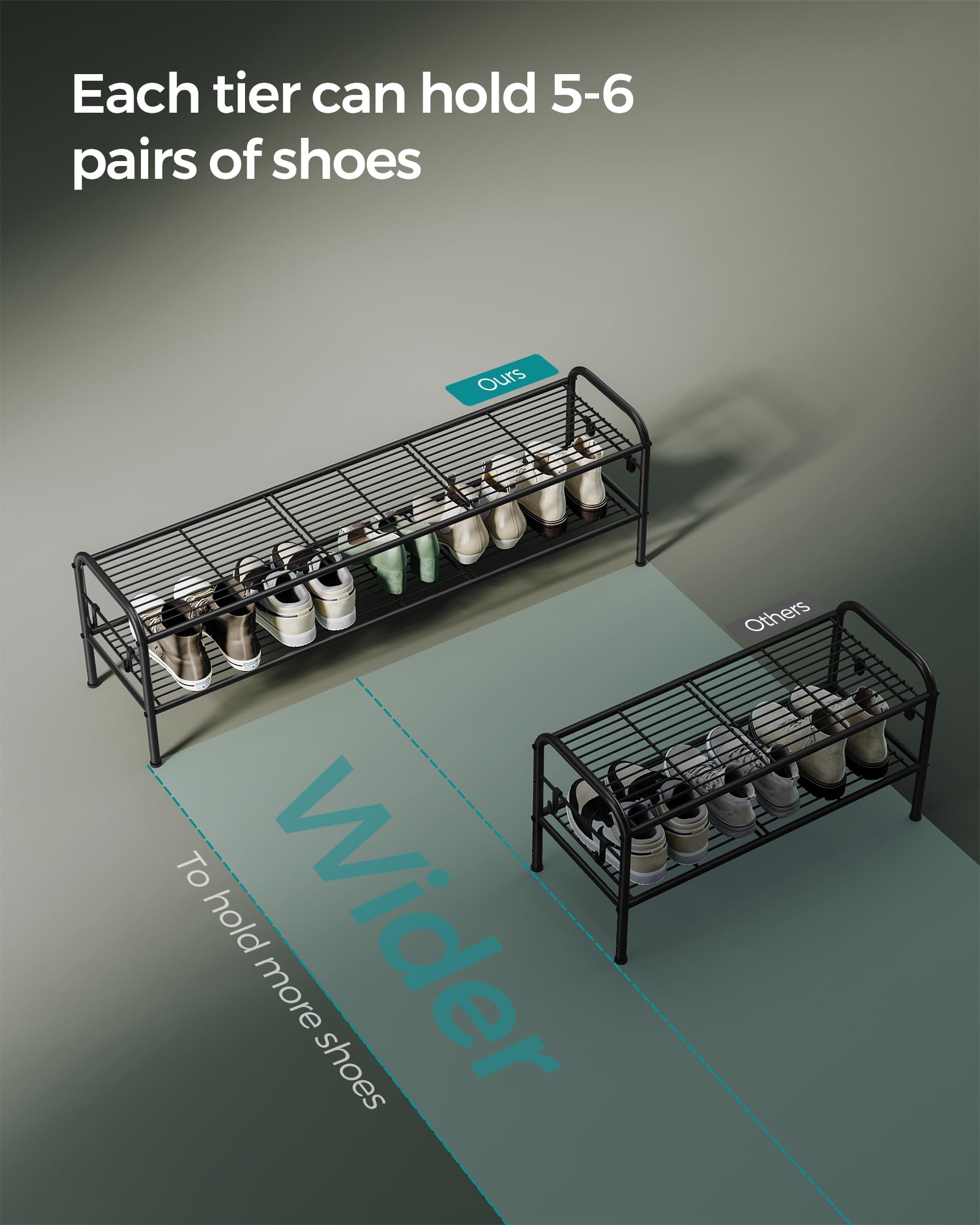 Songmics Shoe Rack, 2-Tier Shoe Organizer, Metal Shoe Shelf Storage With 4 Side Hooks, Holds 12 Pairs Of Shoes, Height-Adjustable Shoe Rack For Entryway, Hallway, Closet, Easy Assembly, Ink Black