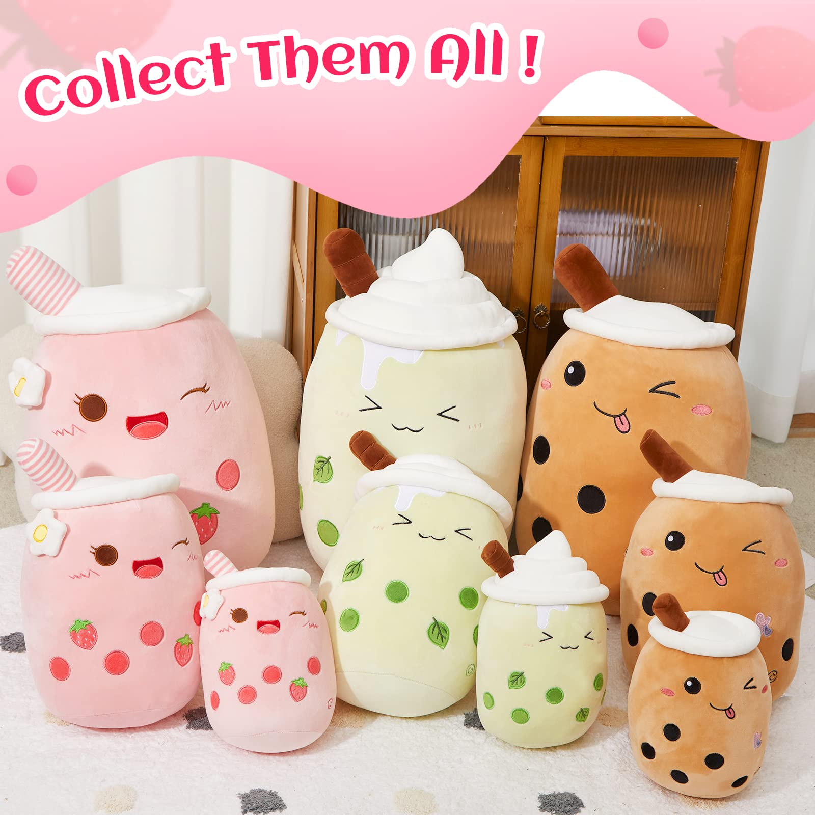 Athoinsu Pink Strawberry Tea Plush Pillow 20' Giant Kawaii Stuffed Bubble Animal Toy Birthday Christmas Holiday Valentines Gift