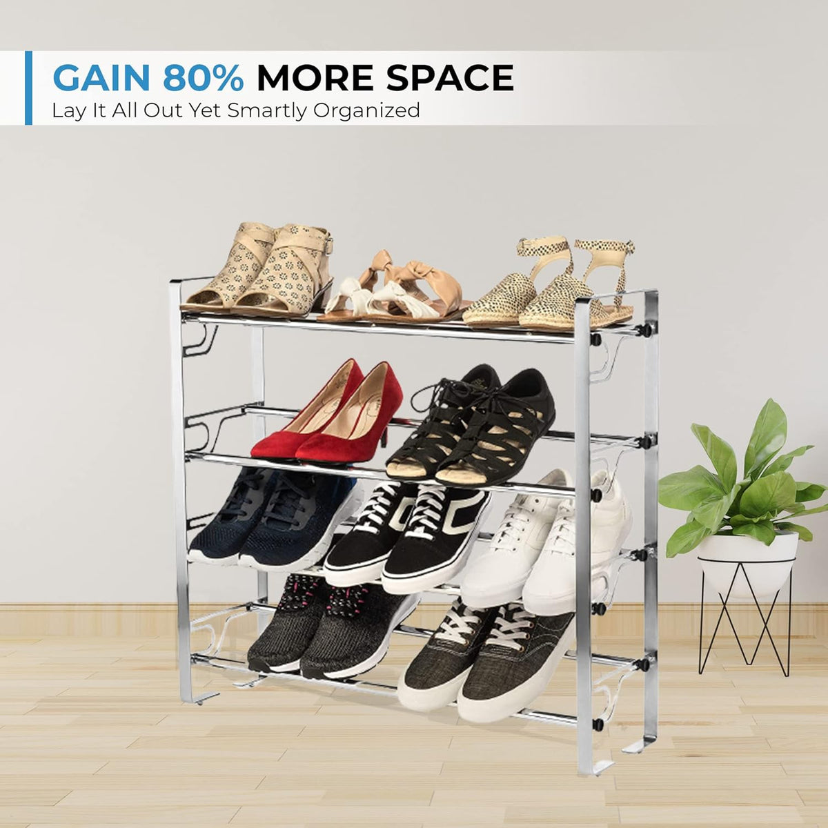 4-Tier Adjustable Expandable Freestanding Shoe Rack with Slide-N-Adjust, Chrome Finish