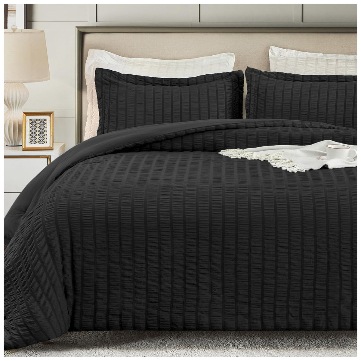 Satisomnia King Comforter Set Black, Soft Seersucker Comforters King Size Bed, 3 Pieces Lightweight Down Alternative Bedding Com