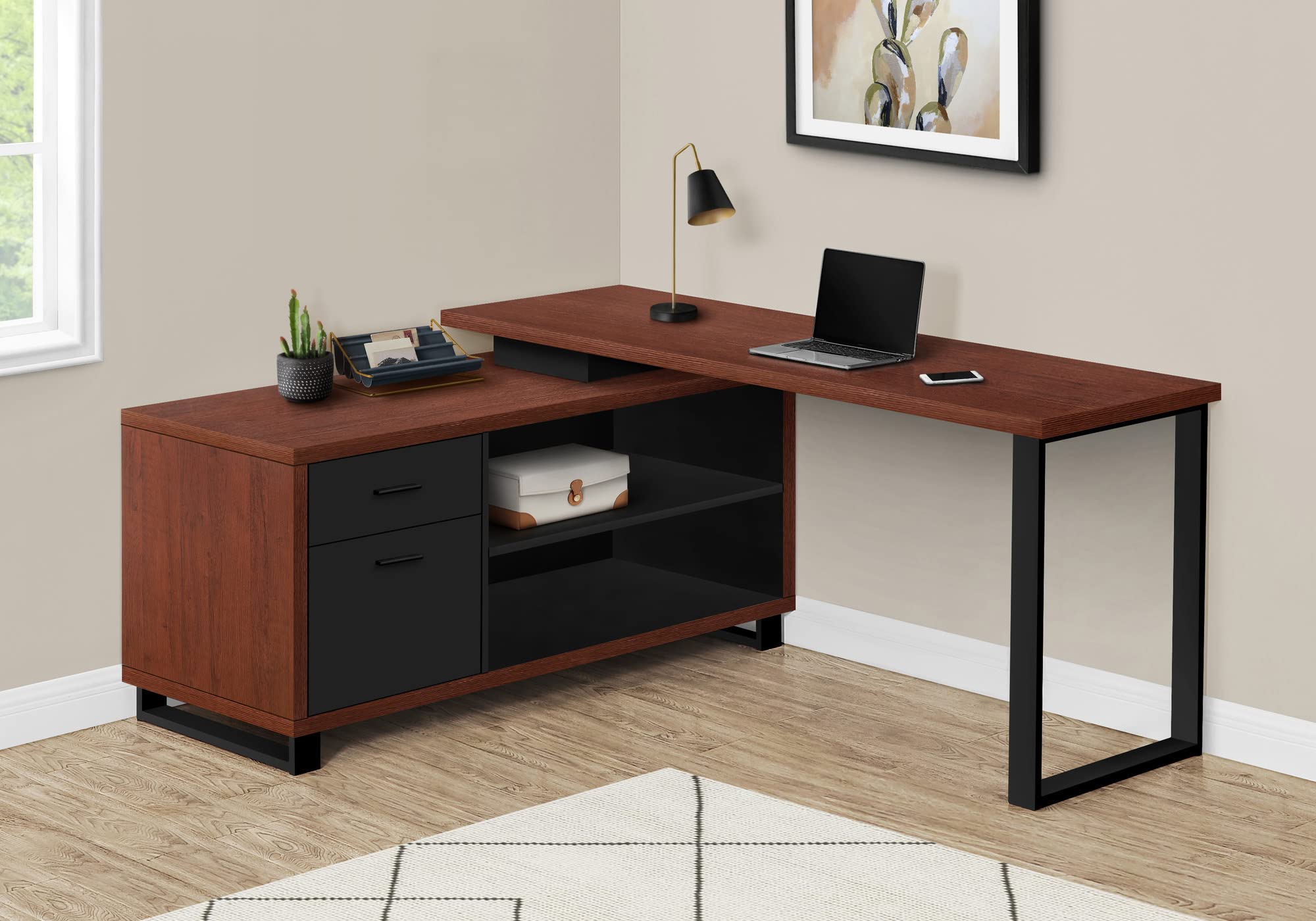 Monarch Specialties I 7713 Computer Desk, Home Office, Corner, Storage Drawers, 72' L, L Shape, Work, Laptop, Metal, Laminate, Brown, Black, Contemporary, Modern