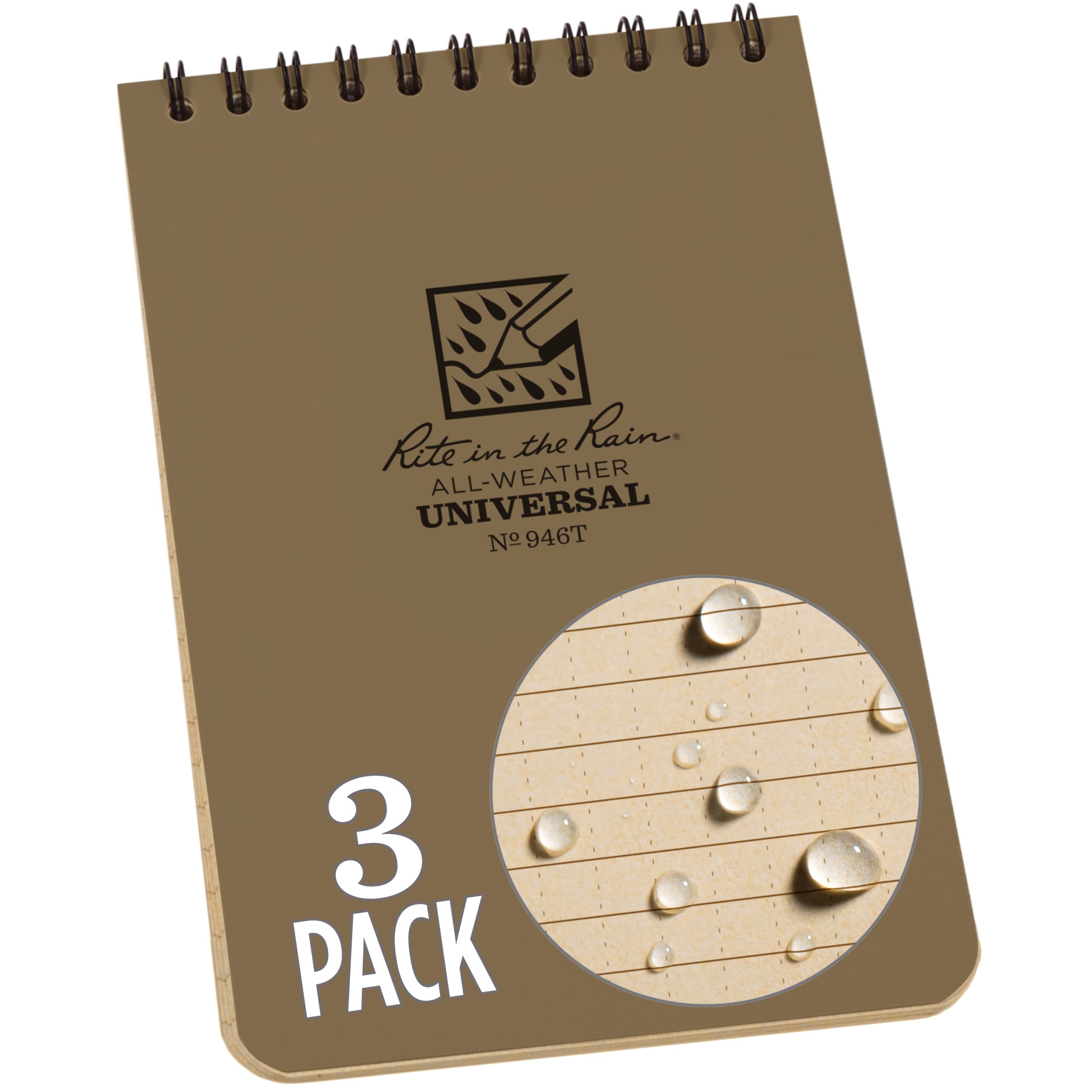 Rite In The Rain Weatherproof Top-Spiral Notebook, 4' X 6', Tan Cover, Universal Pattern, 3 Pack (No. 946T-3)