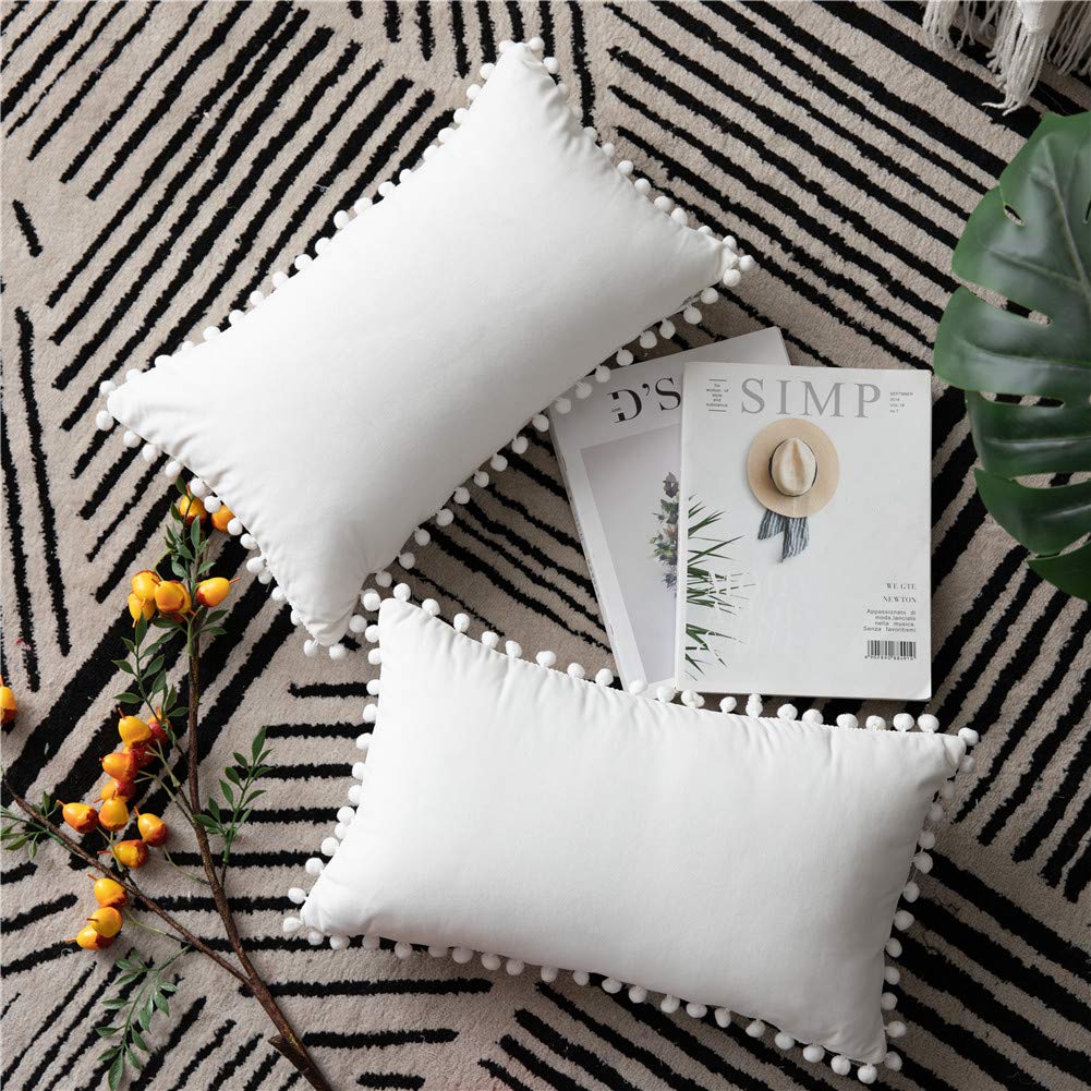 Dezene Decorative Pillow Cases 12X20 Off-White: 2 Pack Cozy Soft Pom-Poms Velvet Rectangular Throw Pillow Covers For Farmhouse H