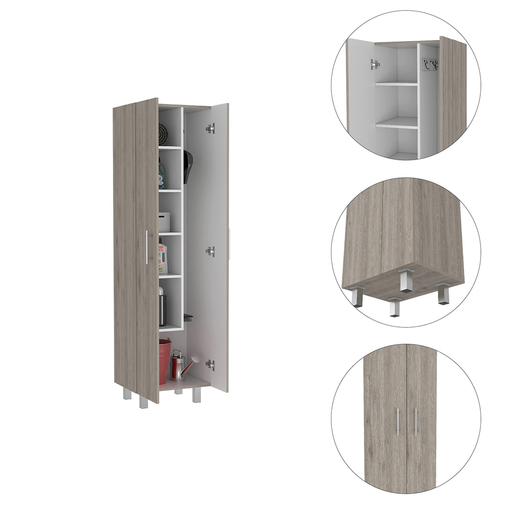 Depot E-Shop Bacoa Cleaning Cabinet with Five Shelves and Broom Hangers, 71.3" H, Light Gray/White, Bedroom