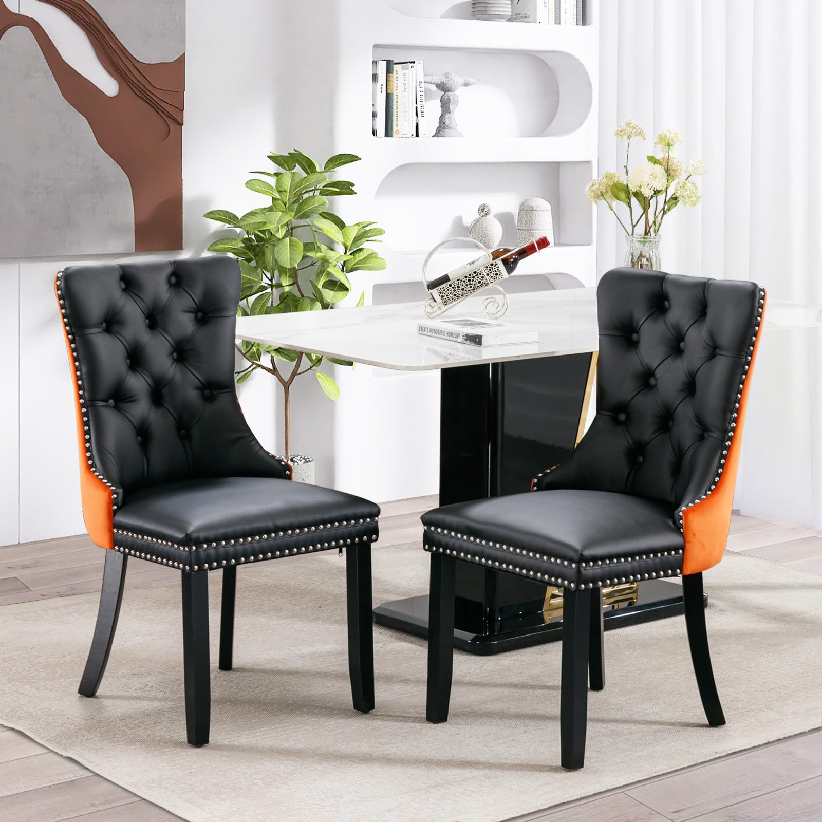 Soarflash Leather Dining Chairs Set Of 2, Tall Back Side Chair, Modern Upholstered Side Chair With Button Back Ring, Solid Wood