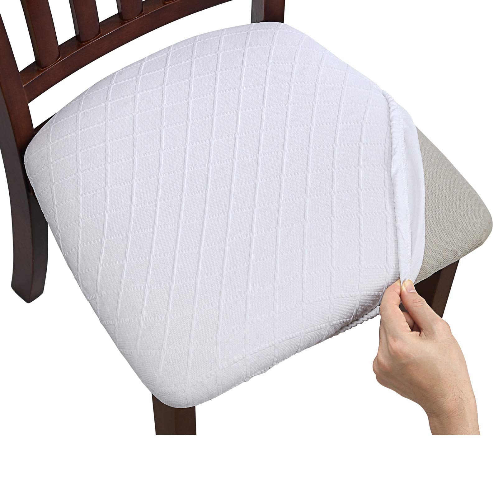 Fuloon Stretch Jacquard Chair Seat Covers Set Of 4, Removable Washable Dining Chair Covers Anti-Dust Dining Room Chair Covers Seat Cushion Slipcovers (4, White)