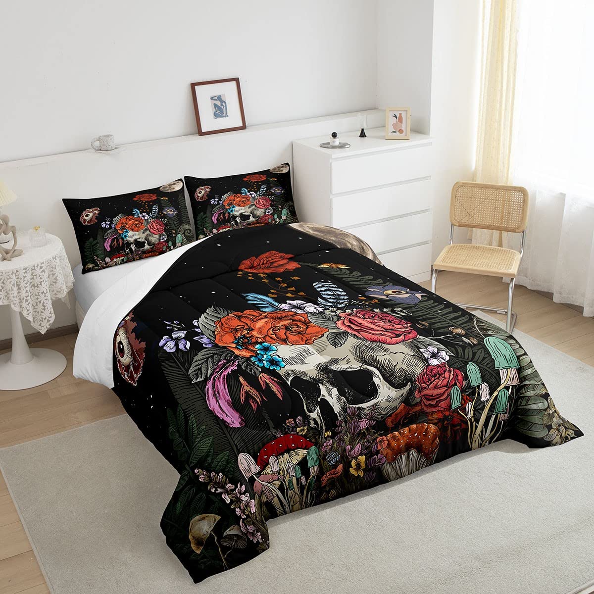 Erosebridal Sugar Skull Bedding Set,Botanical Flower Comforter Set For Kids Boys Girls Home Decor,Starry Sky Duvet Set Trippy Ga