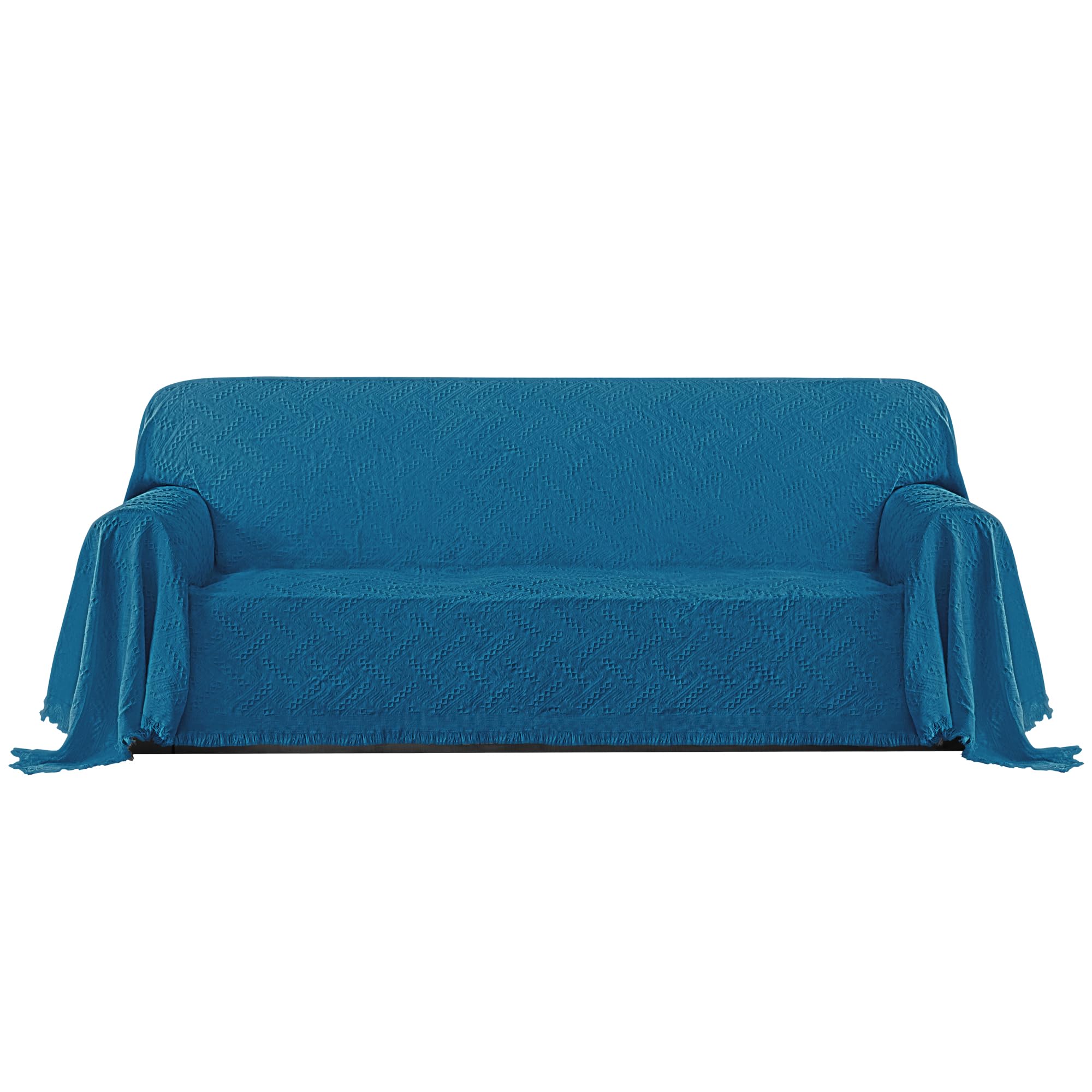 Purefit Geometric Jacquard Throw Sofa Cover - Textured Soft Washable Decorative Couch Covers For 3 Cushion Couch, Throw Cover With Tassels Furniture Protector For Pets, Kids (Large, Peacock Blue)