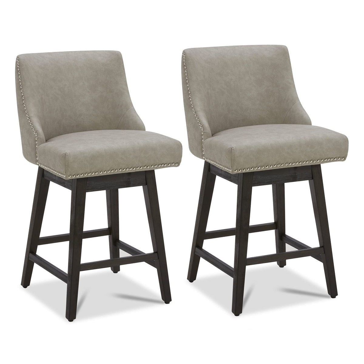 Chita Counter Height Swivel Barstools, Fsc Certified 26' H Seat Height Upholstered Bar Stools Set Of 2, Faux Leather In Stone Grey