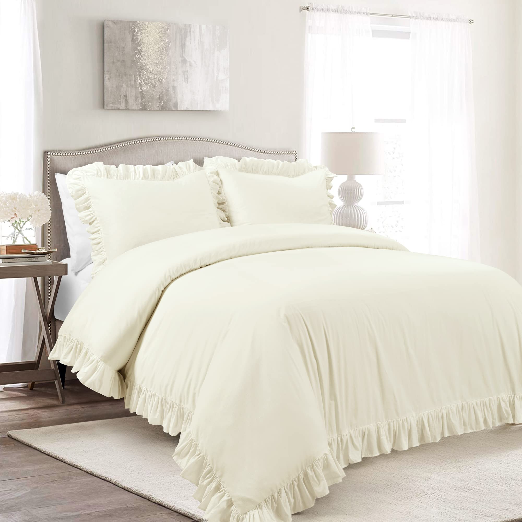 Lush Decor Reyna Ruffle 100% Cotton Duvet Cover Set - 3 Piece Cozy Ruffled Bedding Set - Timeless Elegance And Comfort - King, I