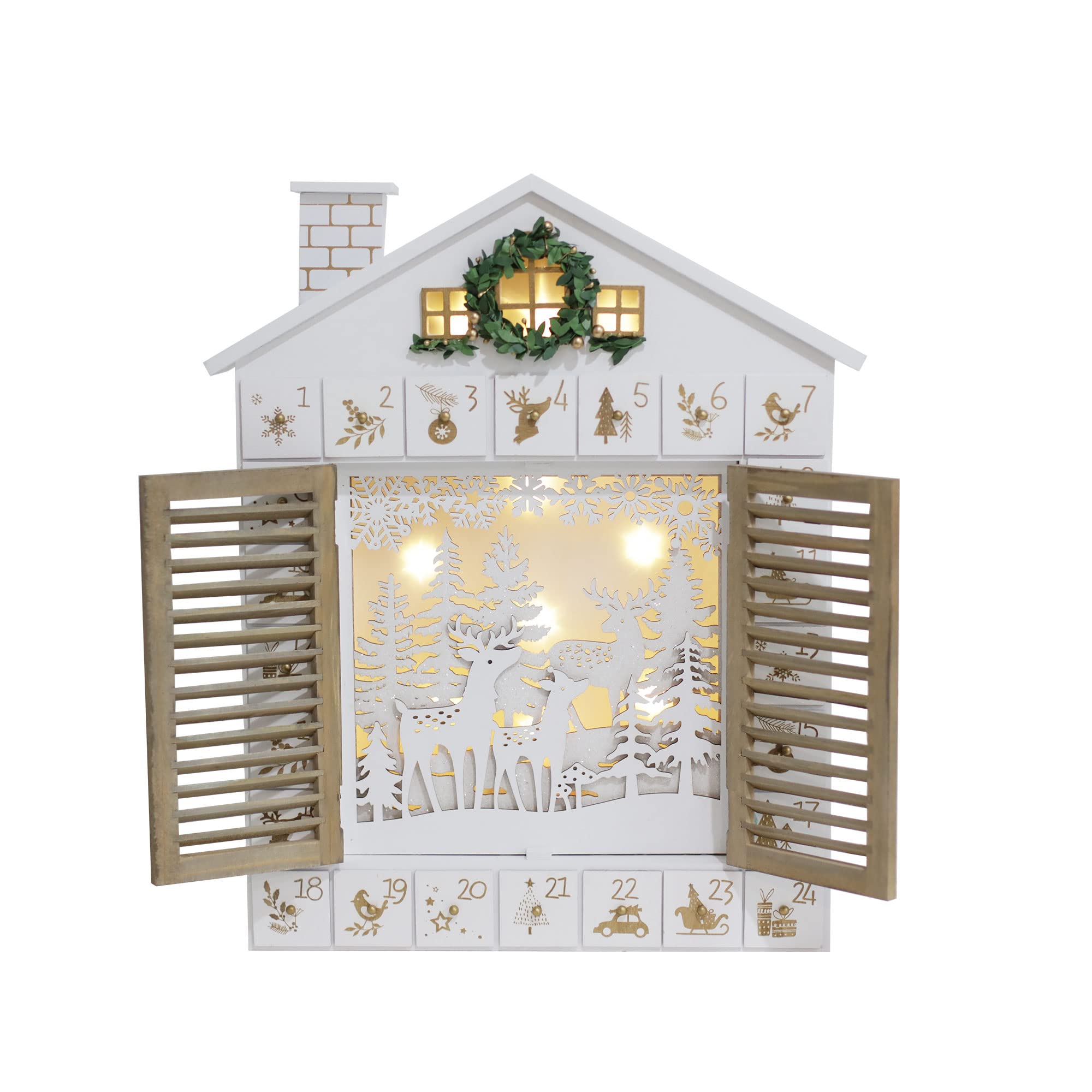 Wooden Christmas Advent Calendar House with Blinds Style LED lighting Reindeer Forest Xmas Gifts for Adults PIONEER-EFFORT
