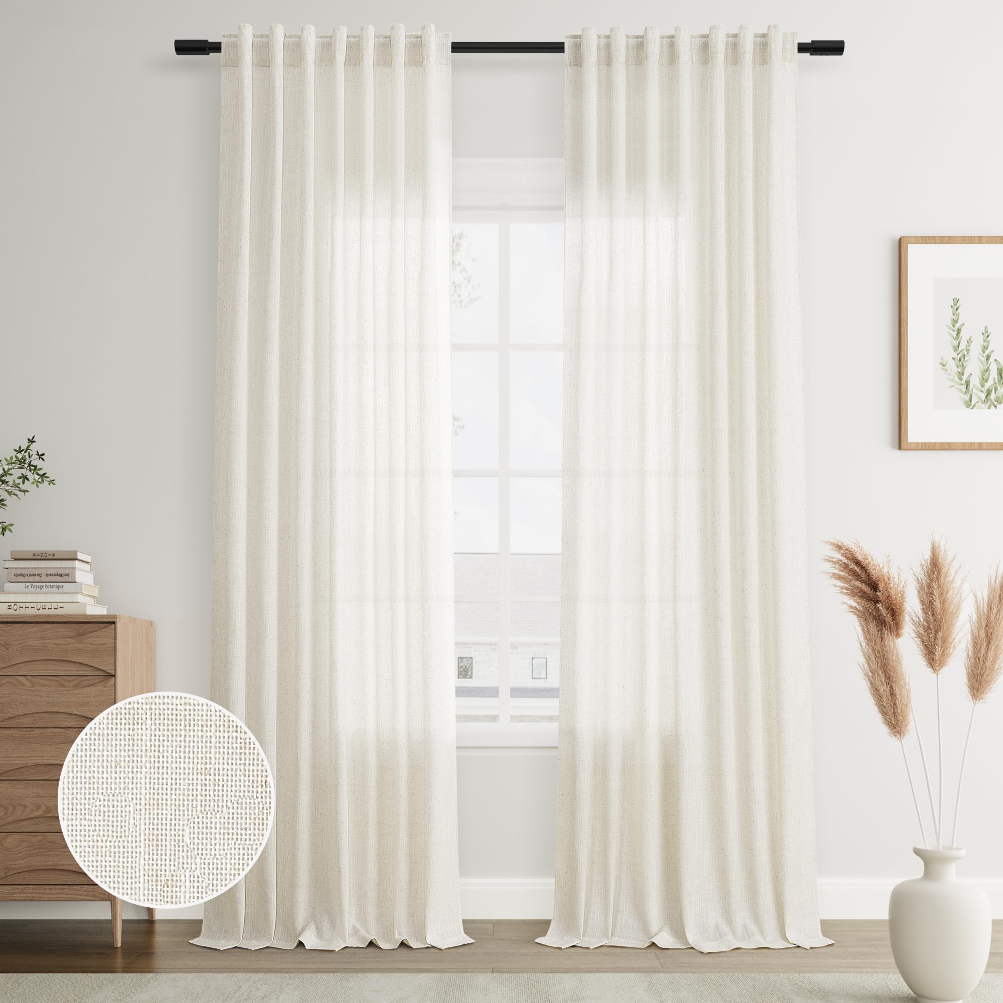 Joywell Natural Back Tab Linen Curtains 105 Inches Long 2 Panels For Living Room Bedroom Neutral Boho Farmhouse Rustic Light Filtering Semi Sheer Curtains Window Treatment 52X105
