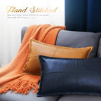 Brawarm Navy Blue Leather Throw Pillow 12 X 20 Inches, Faux Leather Pillow Cover With Piping, Hand Stitched Leather Decorative L