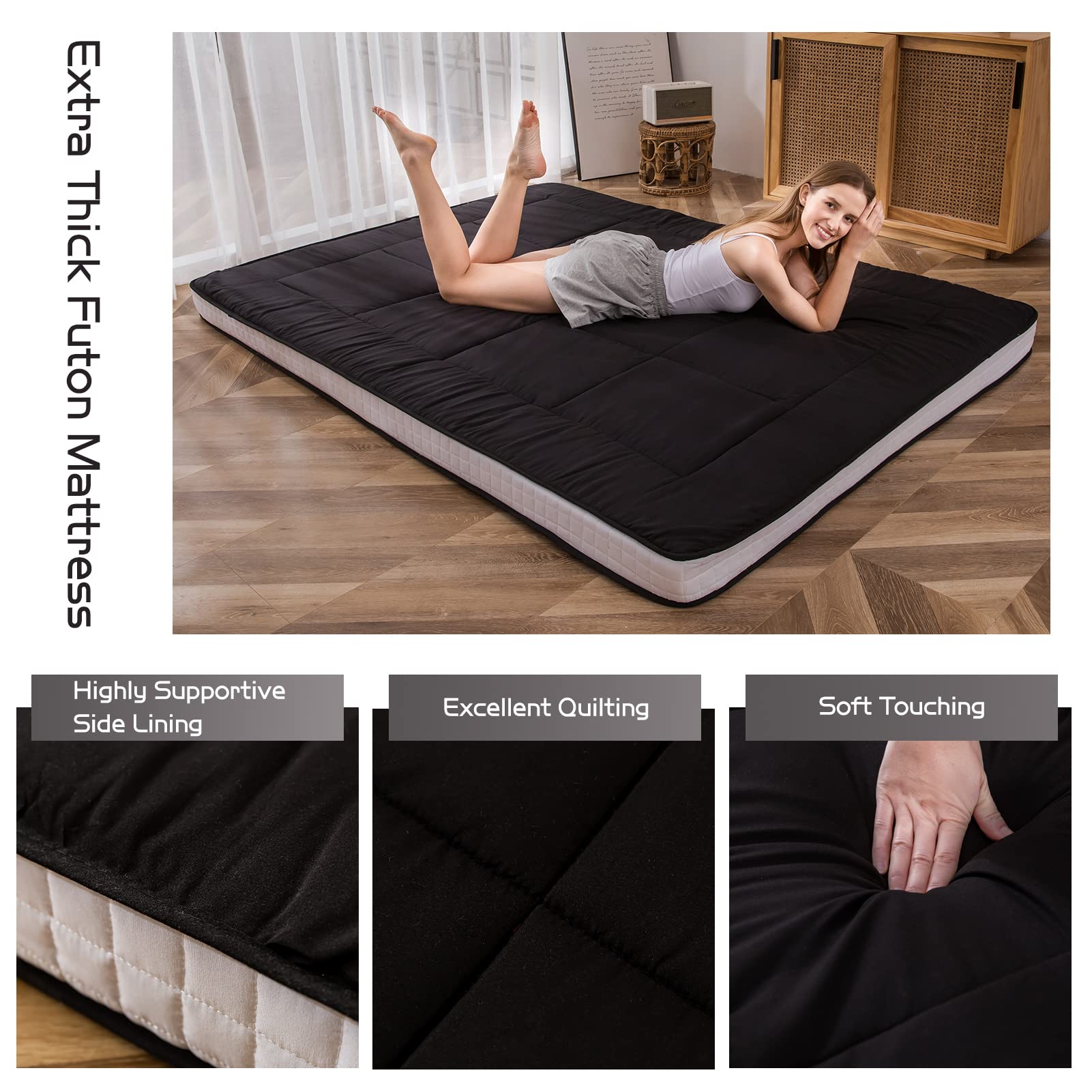 Maxyoyo Futon Mattress, Padded Japanese Floor Mattress Quilted Bed Mattress Topper, Extra Thick Folding Sleeping Pad Breathable