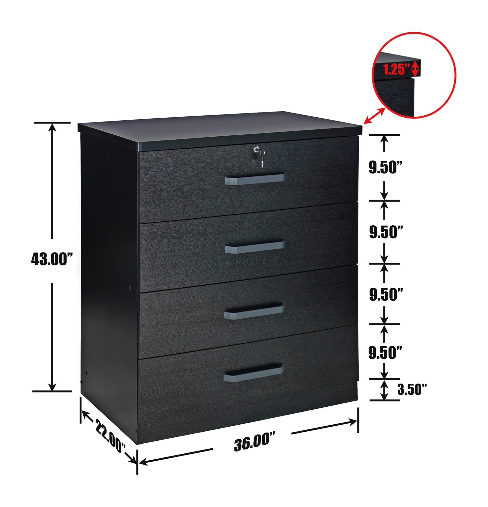 Better Home Products Carell Furniture Super Jumbo 4 Drawer Storage Chest Dresser in Black