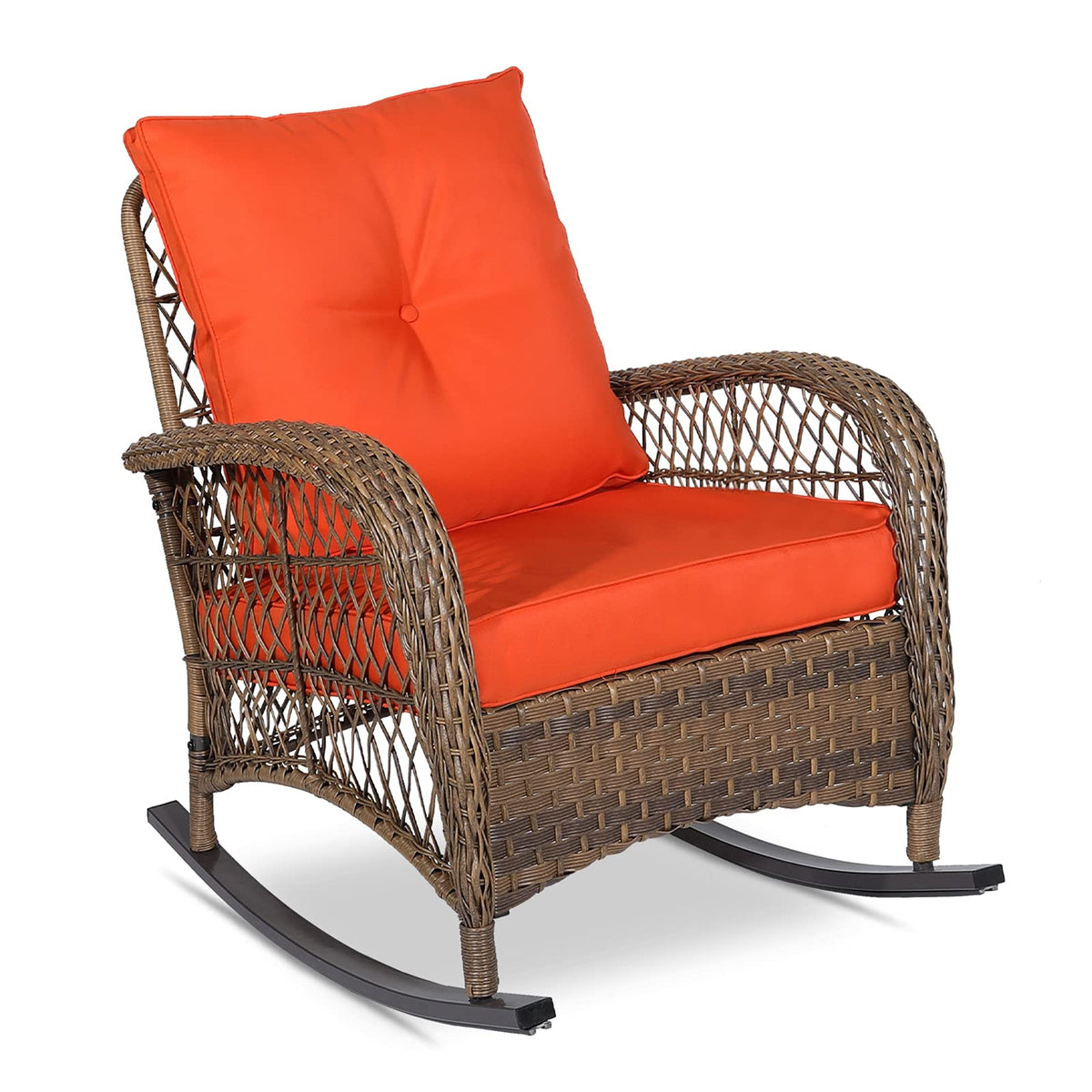 Vivijason Outdoor Wicker Rocking Chair, Patio Rattan Rocker Chair With Cushions & Steel Frame, All-Weather Rocking Lawn Wicker Furniture For Garden Backyard Porch (Orange)