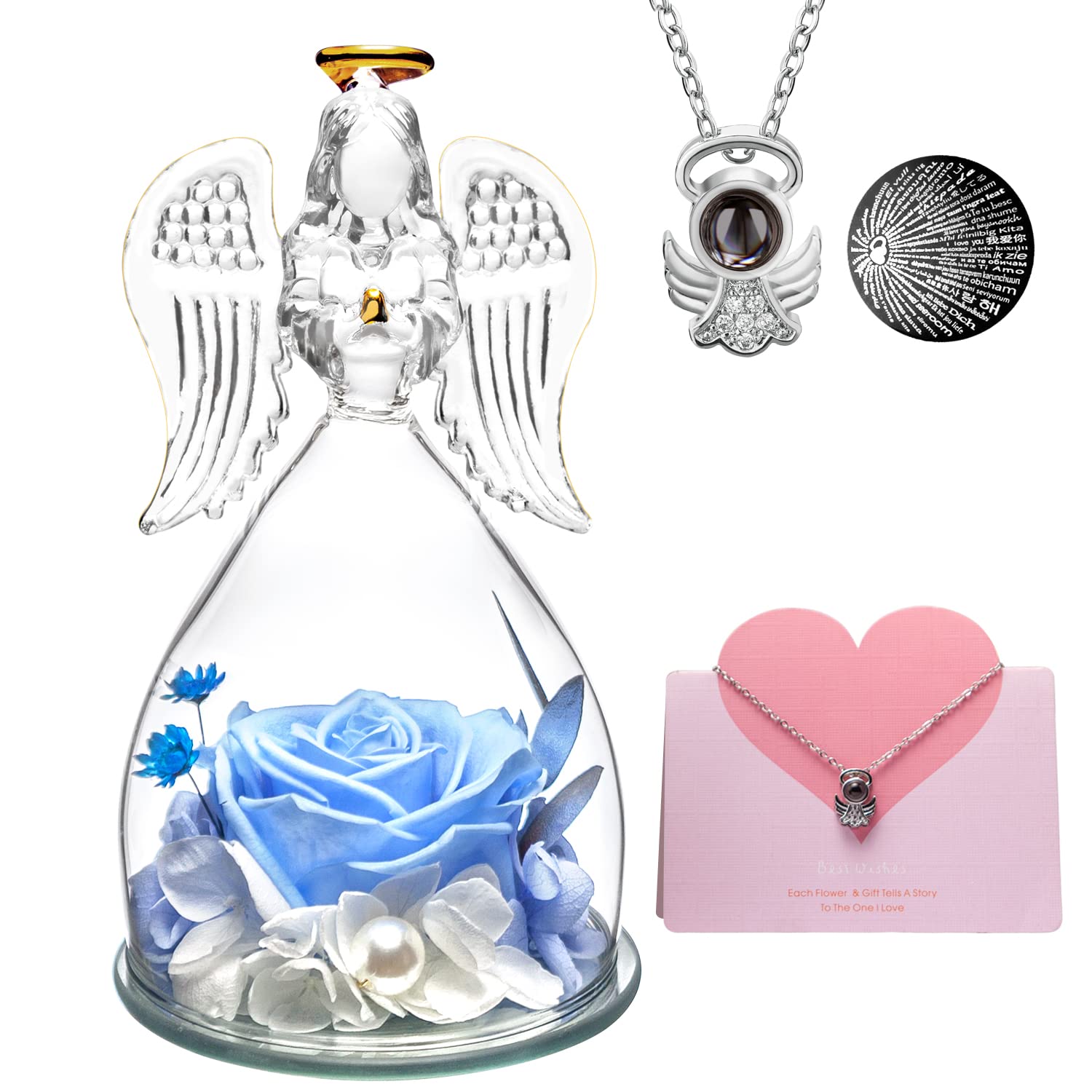 Mothers Day Gift For Mum, Preserved Flowers Rose Glass Angel, Gifts For Her, Angel Figurine Roses, Birthday Gifts For Women, Val