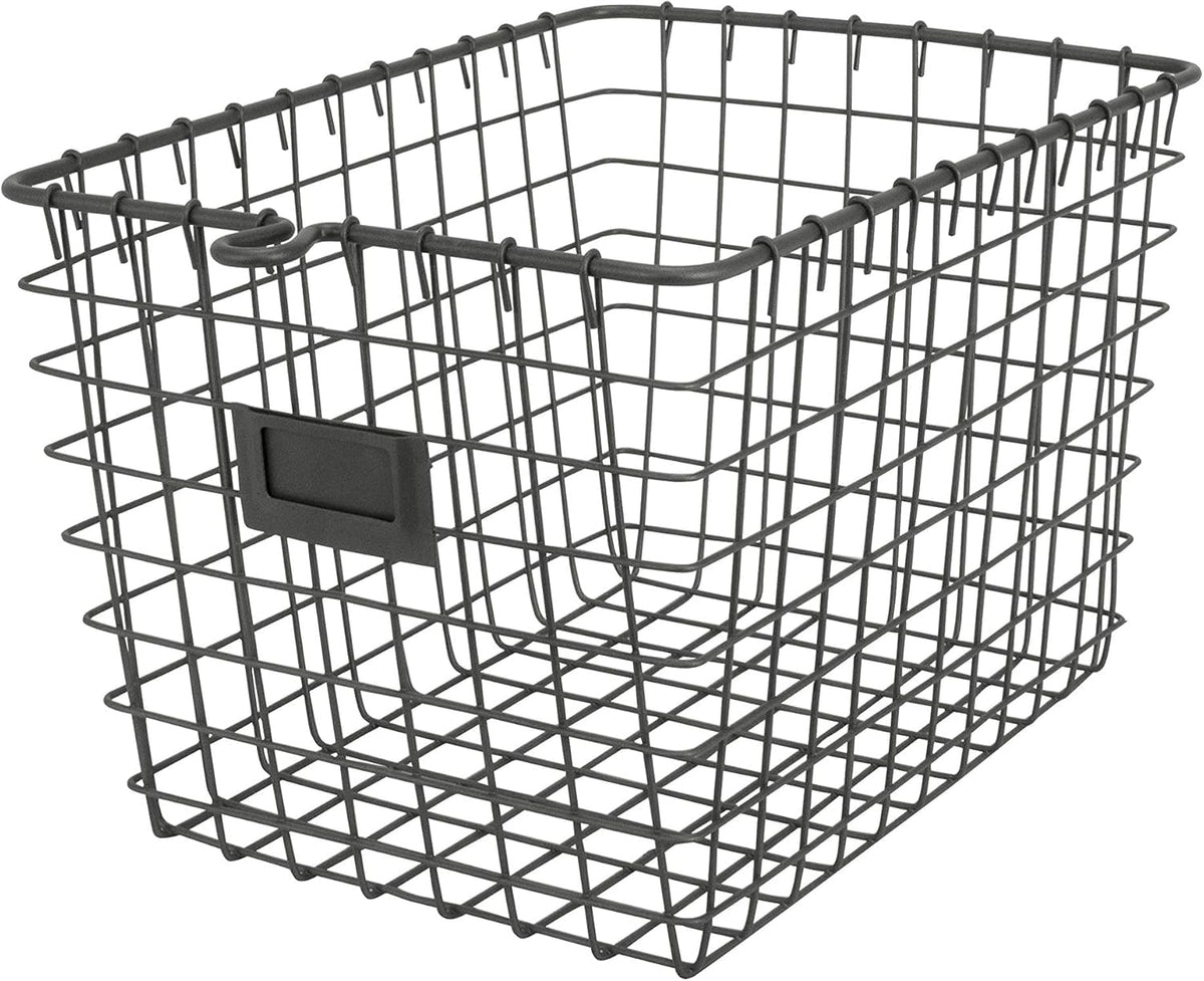 Spectrum Small Wire Basket with Label Plate Industrial Gray Square Wire Storage Basket for Kitchen Bathroom Laundry Pantry Close