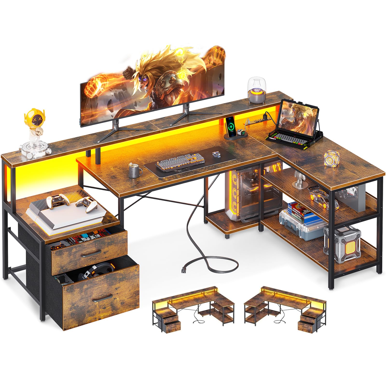 Odk L Shaped Desk With File Drawer, 66' Reversible L Shaped Computer Desk With Power Outlet & Led Strip, Office Desk With Storage Shelves, Gaming Desk With Monitor Shelf, Corner Desk, Vintage