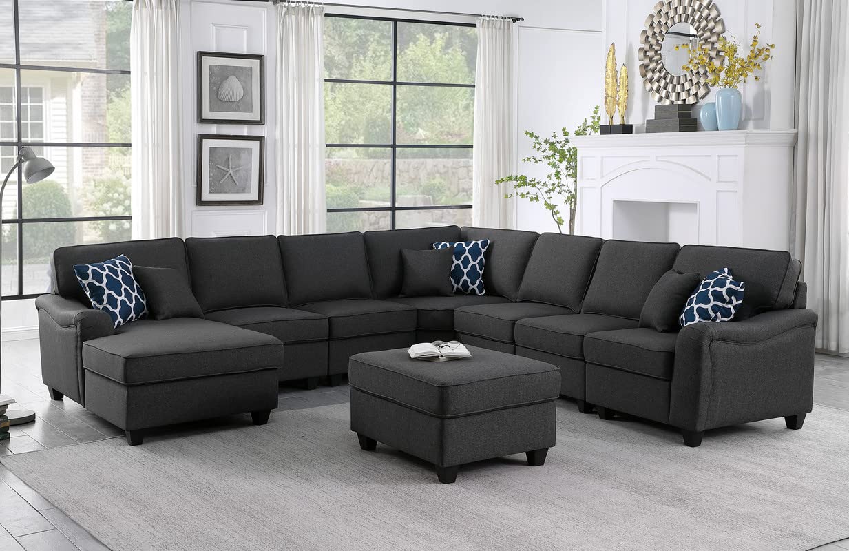 Lilola Home Leo Dark Gray Linen 8Pc Modular L-Shape Sectional Sofa Chaise and Ottoman