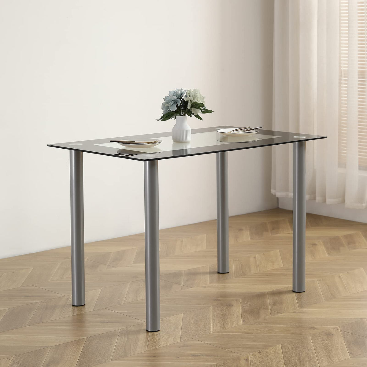 Karl Home Modern Tempered Glass Dining Table, Kitchen & Dining Room Glass Table With 4 Heavy-Duty Metal Legs, 200Lbs Capacity, 4