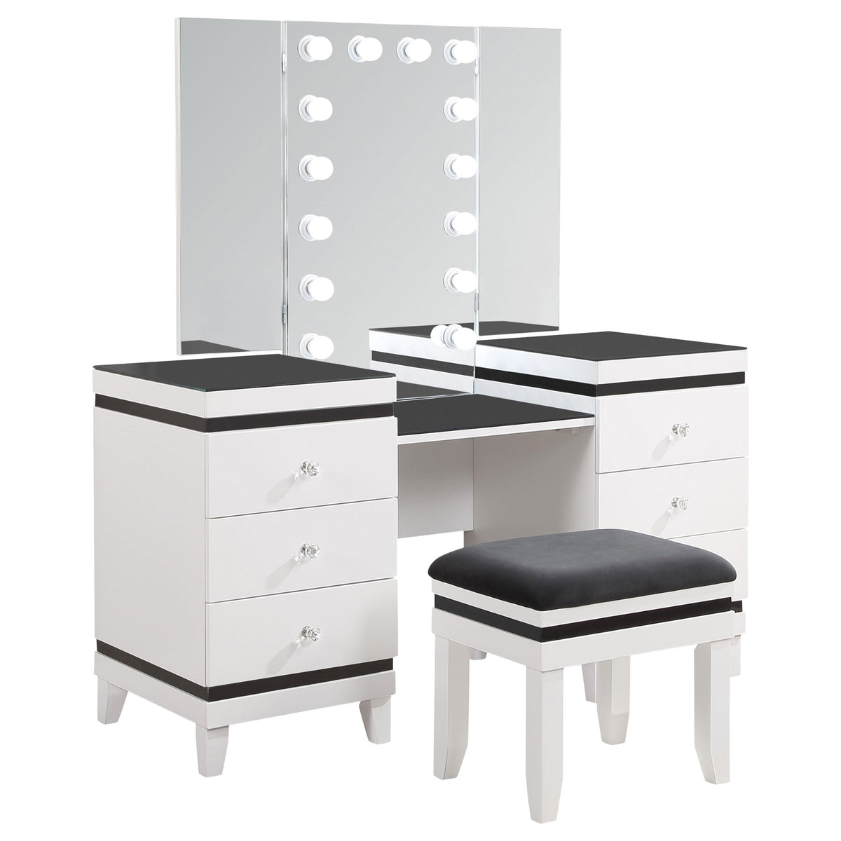 Coaster Home Furnishings Talei Modern Classic 3-Piece 9-Drawer Makeup Vanity Desk With Tri Fold Hollywood Vanity Mirror For Bedroom With Black Velvet Upholstered Stool White 930244