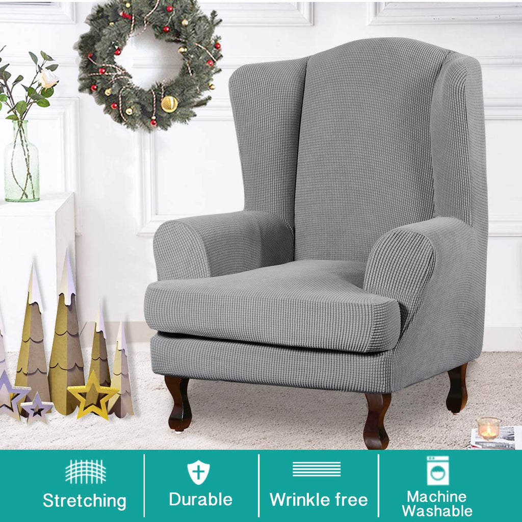 Turquoize Wingback Chair Covers 2 Piece Wing Chair Slipcover Stretch Slipcovers For Wingback Chairs Wing Chair Cover Spandex Jacquard Fabric With Elastic Bottom Non-Slip Furniture Cover, Dove