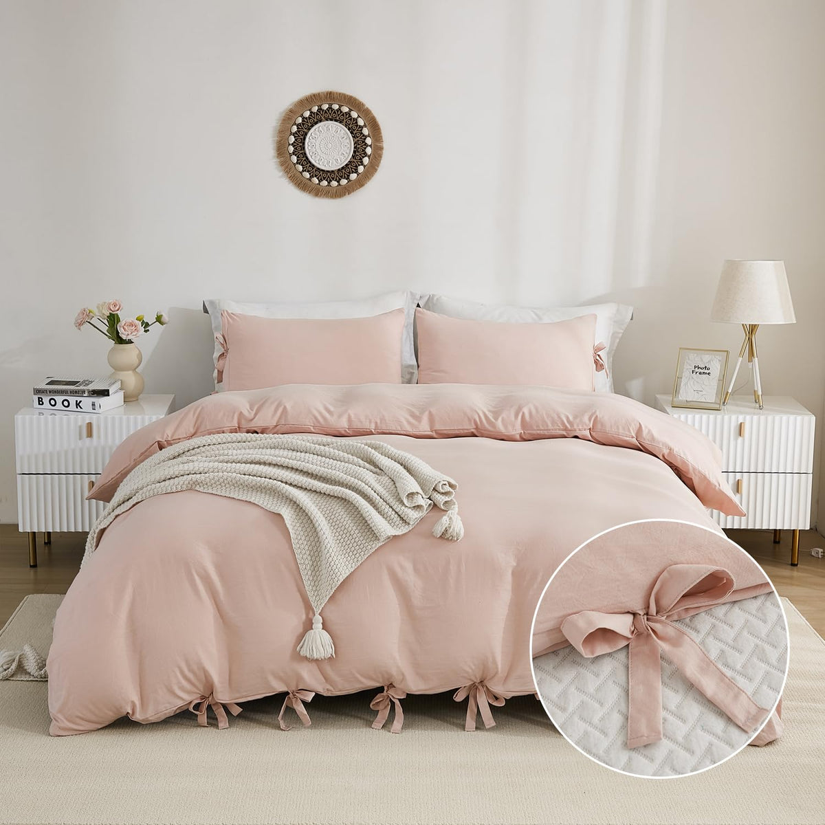 annadaif Pink Duvet Cover Queen (90x90 Inch), 3 Pieces (1 Duvet Cover, 2 Pillowcases) Soft Washed Microfiber Bowknot Bow Tie Duv