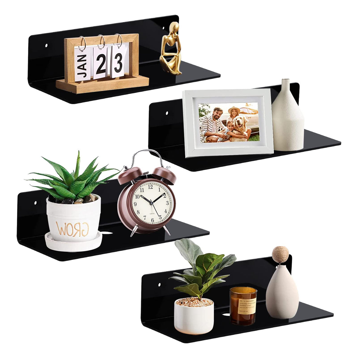luium 9 Inch Acrylic Floating Shelf No Drill Adhesive Wall Shelf Set of 4 for Funko Pop Storage, Floating Shelves Damage-Free Ex