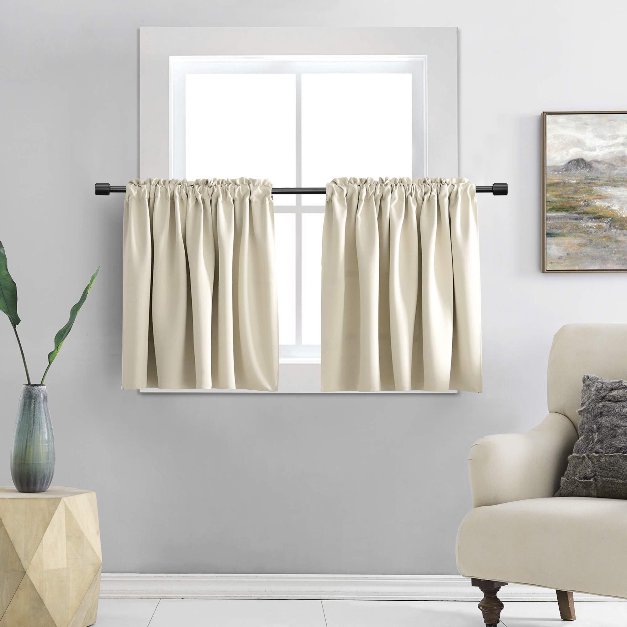 DONREN 36 Inches Long Curtain Tiers-Room Darkening Rod Pocket Small Curtains for Small Window (42 W x 36 L,2 Panels,Cream Beige)