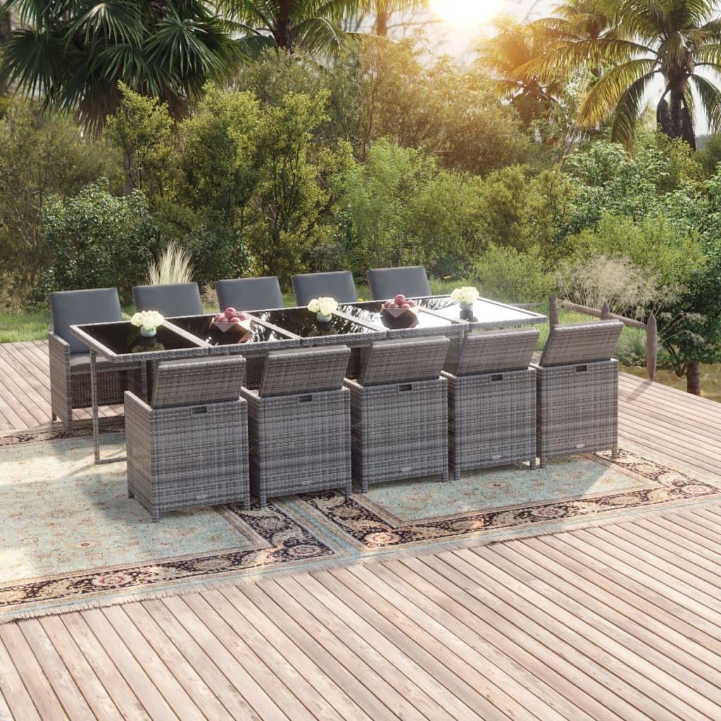 vidaXL Patio Dining Set 11 Piece with Cushions Garden Outdoor Lawn Yard Terrace Balcony Table and Chair Seat Seating Furniture Poly Rattan Gray