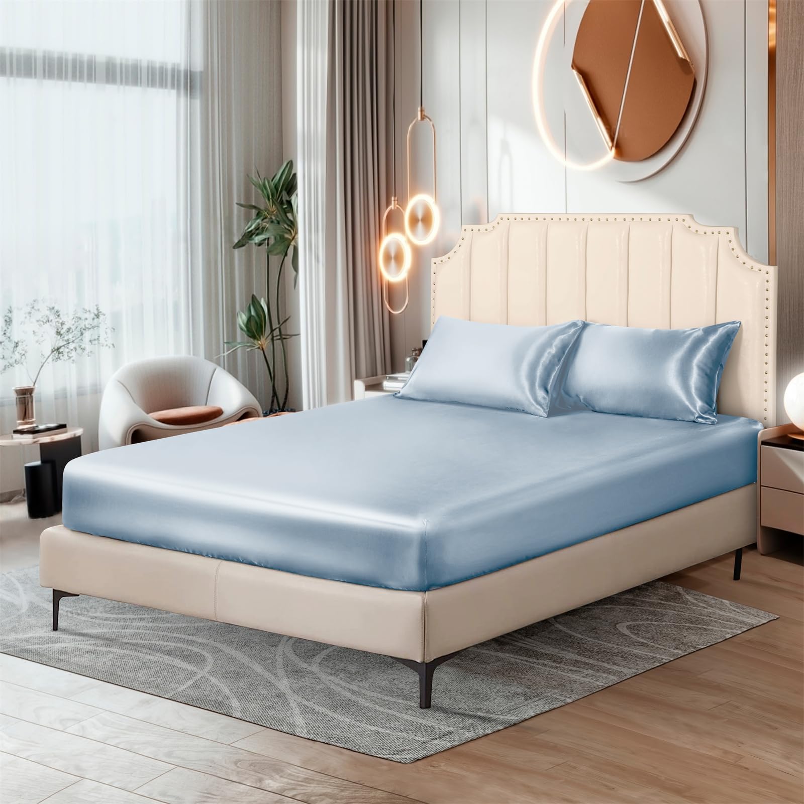 Ersmak Silk Satin Fitted Sheet, Soft Deep Pocket Bottom Luxury Queen Fitted Sheet, Wrinkle Free, Breathable, Fade Resistant - Ba