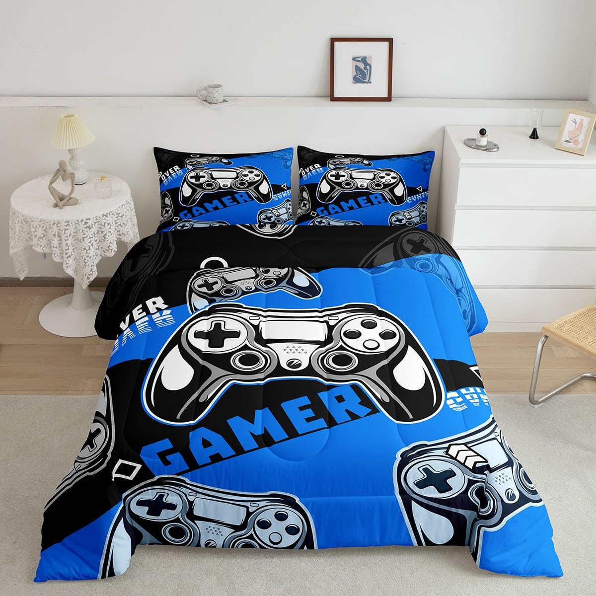 Erosebridal Gaming Bedding Set Full Size Gamer Console Comforter Set For Boys Girls Kids Teens Blue And Black Gaming Comforter S