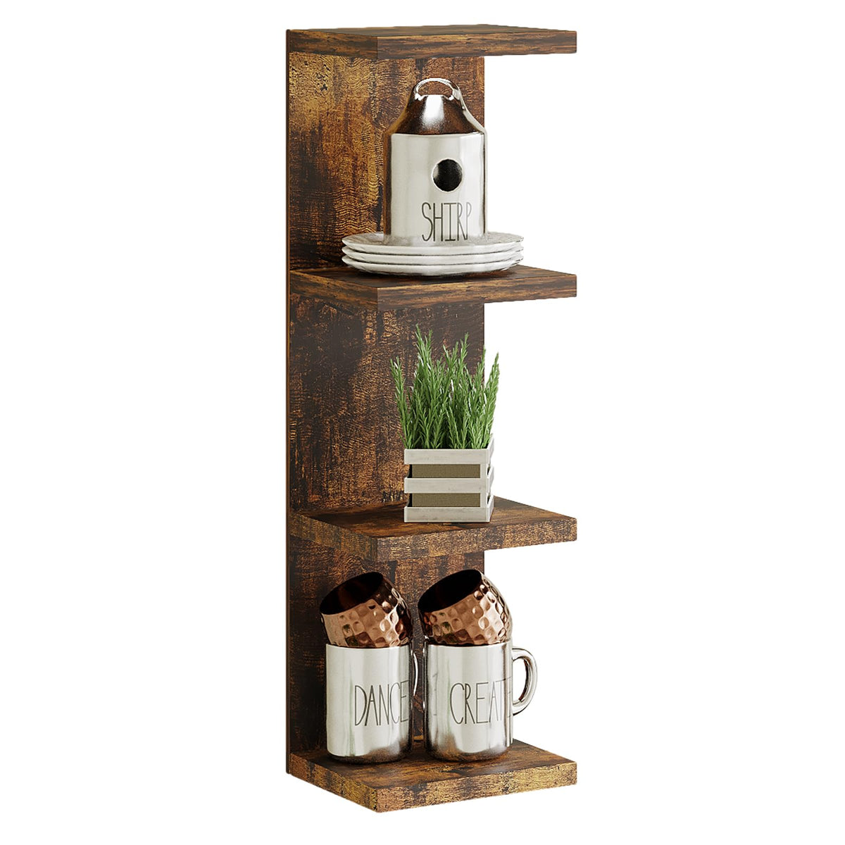 LitaEther Versatile 4 Tier Wall Shelf Unit,Pink Lack Wall Shelf,Display Floating Shelf with LED Remote Control Light-Rustic Brow