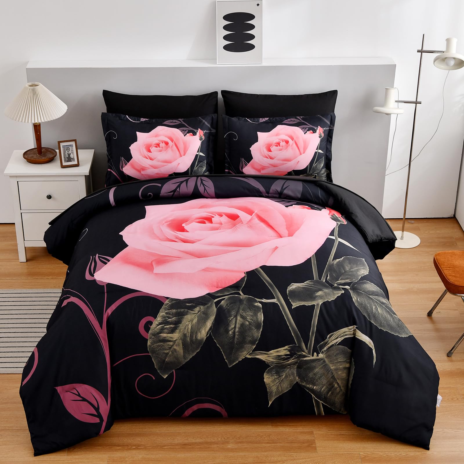 Blush Comforter Set King 7 Piece Bed In A Bag Blush Rose Flower Comforter With Sheet Set Soft Micorfiber Bedding Set (1 Comforte