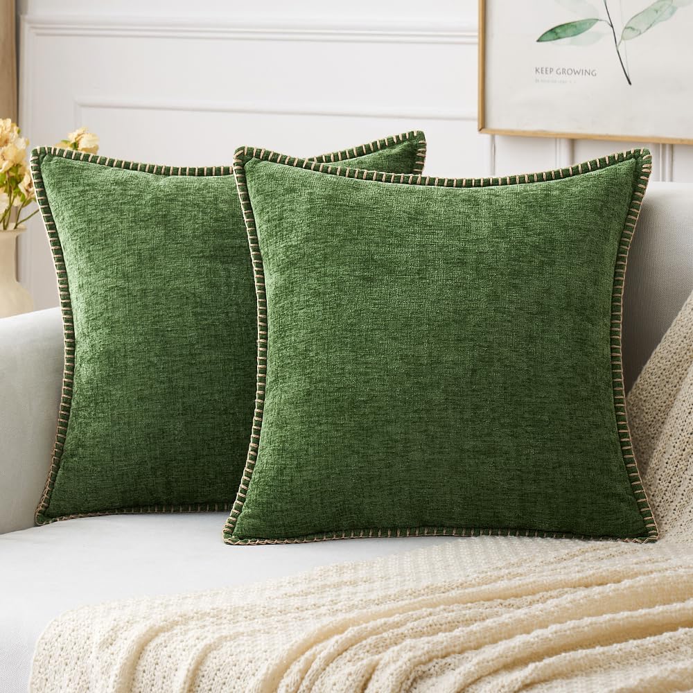 Miulee Pack Of 2 Couch Throw Pillow Covers 24X24 Inch Moss Green Farmhouse Decorative Pillow Covers With Stitched Edge Soft Chen